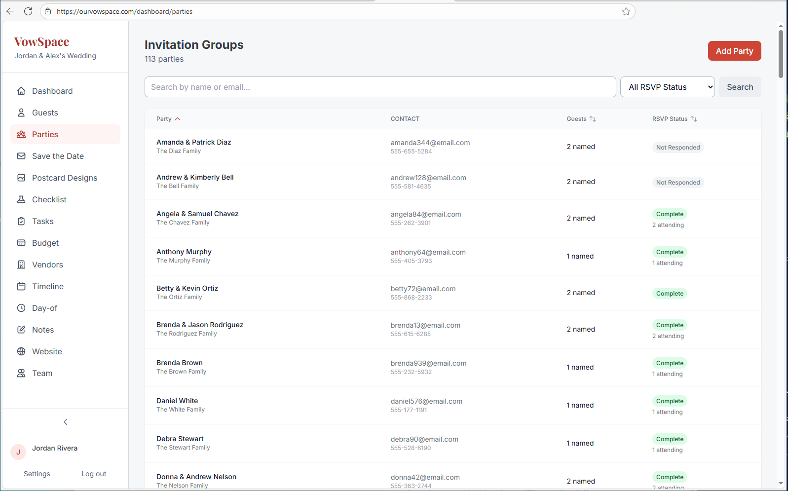 Guest list and household groups with RSVP status and notes
