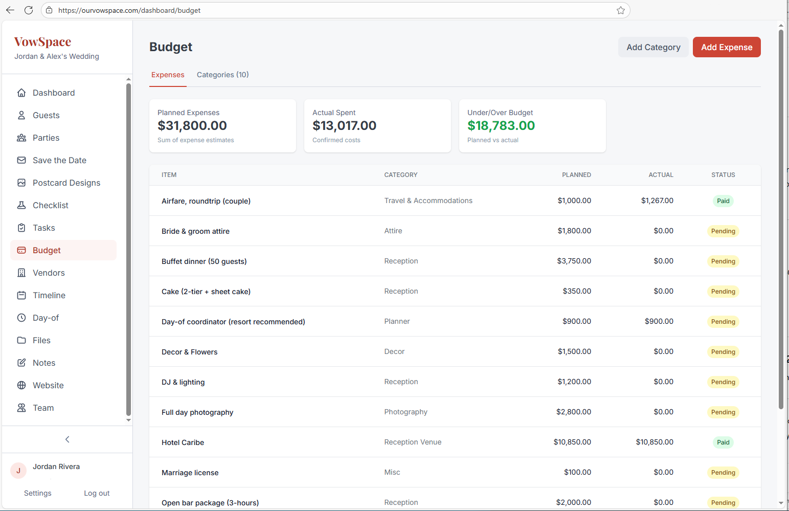 Wedding budget tracker with categories, totals, paid, and remaining