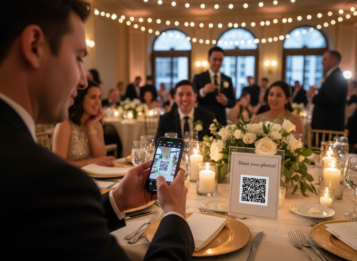 Wedding guest scanning QR code to upload photos at reception